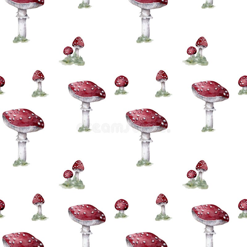 Amanita muscaria seamless pattern. Fly agaric mushroom. White spotted beautiful red mushrooms in natural context. Hand drawn