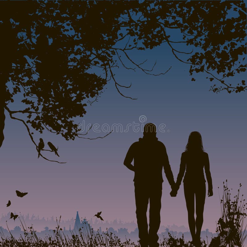 Amantes na noite, fundo romântico da natureza ilustração royalty free Amantes na noite, fundo romântico da natureza ilustração royalty free