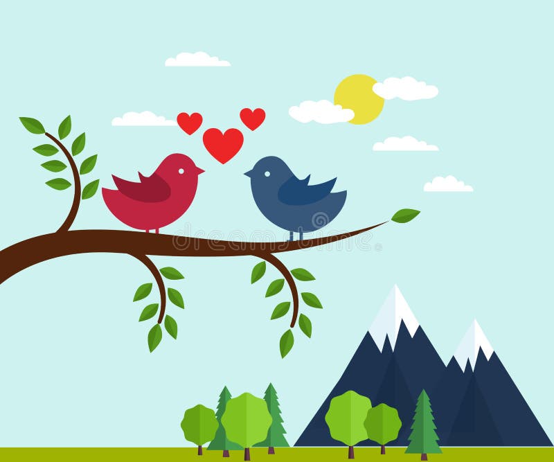 Amants et oiseaux heureux sur l'arbre avec des coeurs illustration libre de droits Amants et oiseaux heureux sur l'arbre avec des coeurs illustration libre de droits