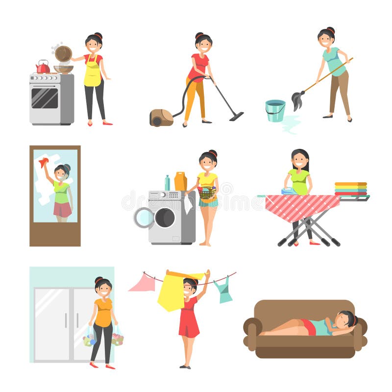 Amas de casa en el lavado del trabajo, limpieza, cocinando iconos planos del vector ilustración del vector Amas de casa en el lavado del trabajo, limpieza, cocinando iconos planos del vector ilustración del vector