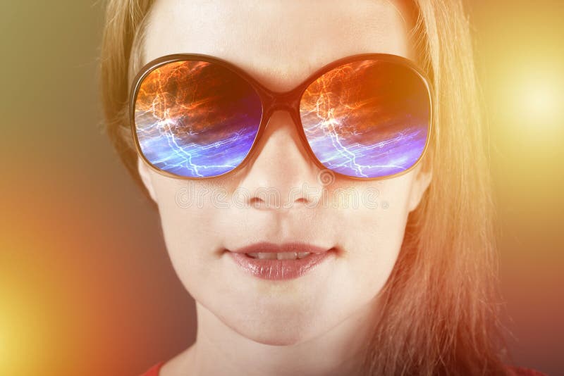 Amazed Girl in Sunglasses with Reflection Stock Photo Image of mirror