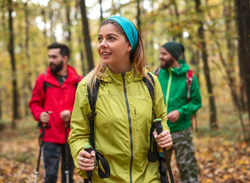 Amazed Woman Walking in Forest Near Friends Stock Photo - Image of ...