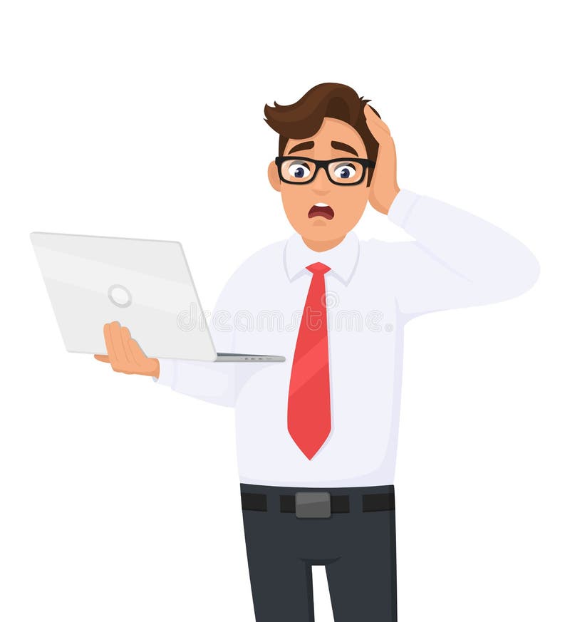 Amazed young business man holding laptop and hand on head. Shocked person using or working computer. Male character design. royalty free illustration