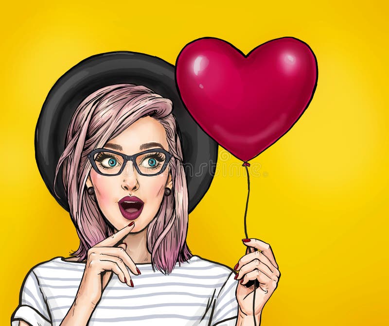 Amazed young Pop Art woman with pinc hair hold big red heart balloon. Hipster girl in