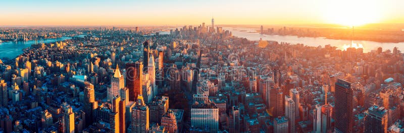 Amazing aerial panoramic view of Manhattan with sunset. Amazing view scene stock images, royalty-free photos and pictures