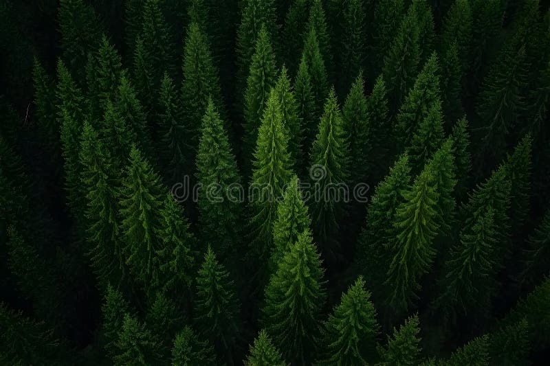 Amazing aerial view of a pine trees forest like an abstract pattern stock photos