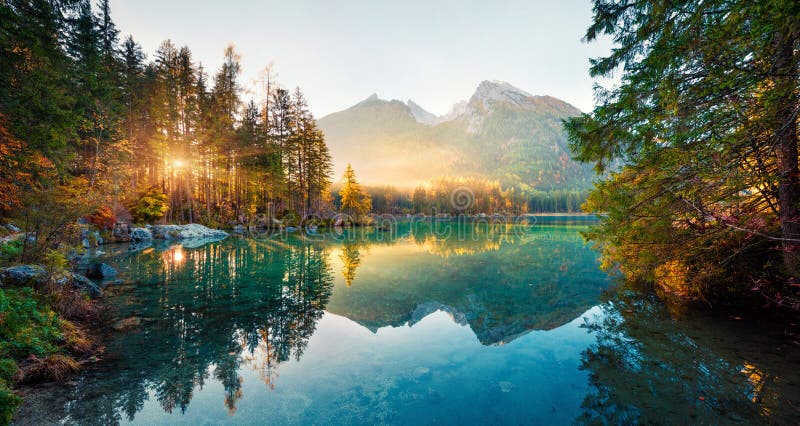 Amazing Autumn Scene of Eibsee Lake. Sunny Morning View of Small Island ...