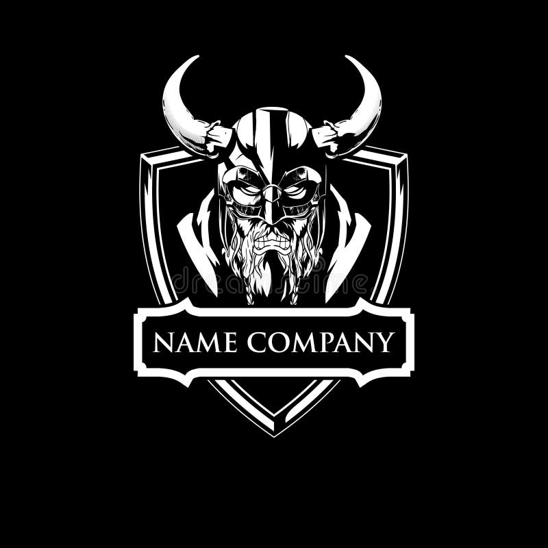 Amazing Black and White angry and aggressive Viking warrior head with shield logo vector template
