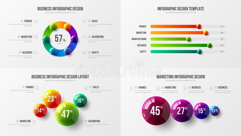 Amazing business data horizontal bar chart design layout. Colorful 3D balls corporate statistics infographic elements set. royalty free illustration