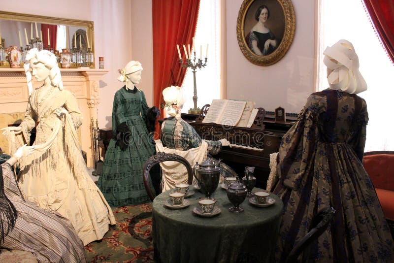 Beautiful design of historic room, with mannequins in period costumes, Canfield Casino, Saratoga Springs, New York, 2018 royalty free stock photo Beautiful design of historic room, with mannequins in period costumes, Canfield Casino, Saratoga Springs, New York, 2018 royalty free stock photo