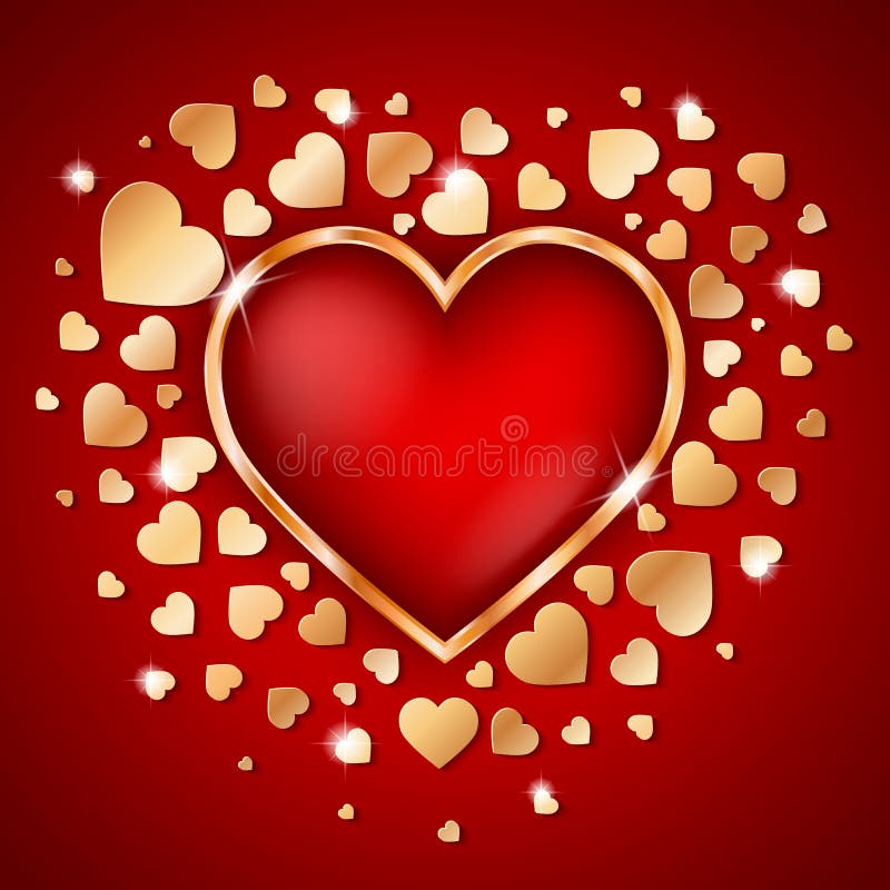 Amazing golden heart frame with 3d red heart inside and many small golden hearts