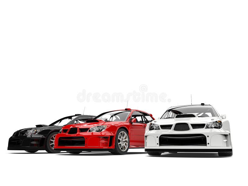 Amazing GT race cars in red, white and black - low angle shot stock illustration Amazing GT race cars in red, white and black - low angle shot stock illustration