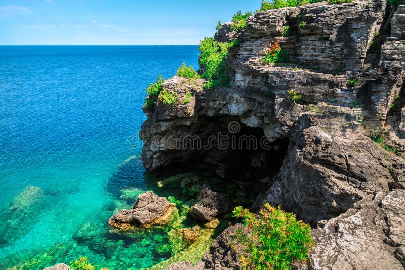 Amazing inviting view of entrance to grotto from the lake side at Bruce peninsula Cyprus lake, Ontario