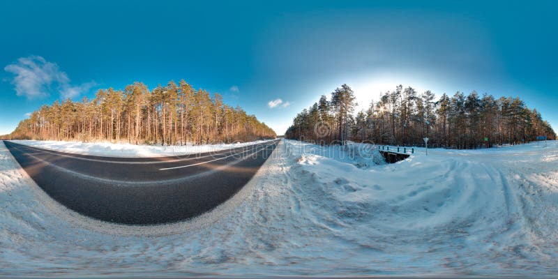 Amazing landscape with blue sky sun snow trees road at winter 3D spherical panorama with 360 degree viewing angle Ready for