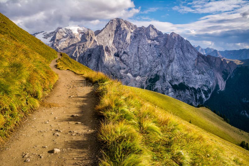 Amazing landscape of Dolomites Alps. Amazing view of Marmolada mountain. Location: South Tyrol, Dolomites, Italy, Europe. Travel