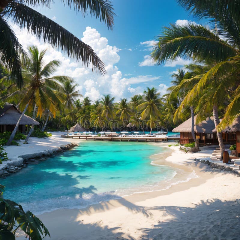 Image of Amazing Maldives island panorama. Beautiful beach scene with palm trees and perfect blue sea water. Relaxing and exotic tropical landscape view. Luxury summer vacation and holiday banner concept made with Generative AI