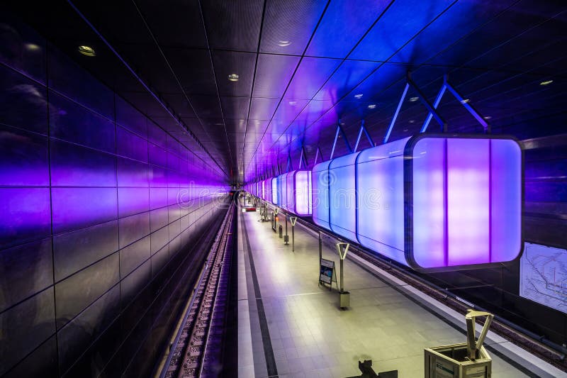 Subway station with light blue lights at University on the Speicherstadt area in Hamburg. royalty free stock photography Subway station with light blue lights at University on the Speicherstadt area in Hamburg. royalty free stock photography