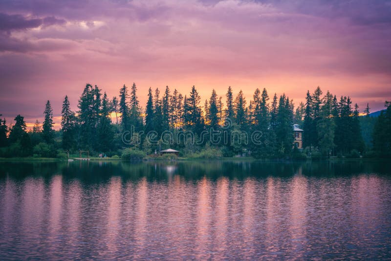 Beautiful landscape, sunset at the lake Strbske pleso, High Tatras, Slovakia