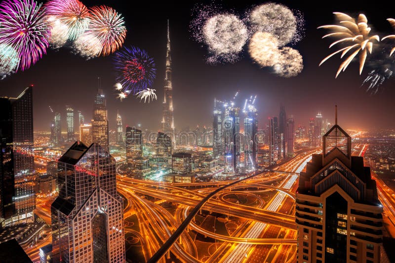 New Year fireworks display in Dubai, UAE stock photos