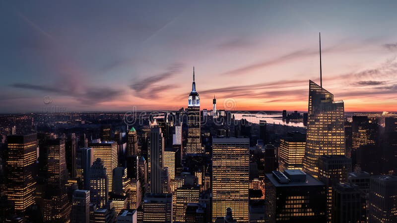 Amazing Panorama View of New York City Skyline and Skyscraper at Sunset ...