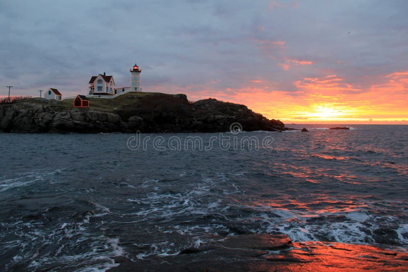 Amazing sunrise over Nubble Lighthouse, York Beach, Maine, 2017