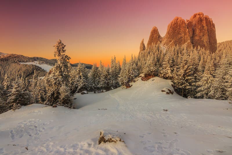 Magical panorama,winter landscape,Lonely Rock,Carpathians,Romania. Magical panorama,winter landscape,Lonely Rock,Carpathians,Romania