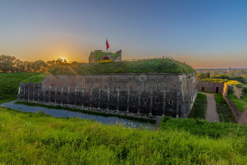 Amazing sunset over a medieval fortress at mount Saint Peter in Maastricht. This well maintained fortress is one of the reminders