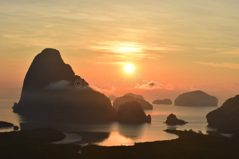 Amazing Travel and colorful viewpoint before sunrise at Samed Nang Chee, Unseen in Phang-nga, Thailand.