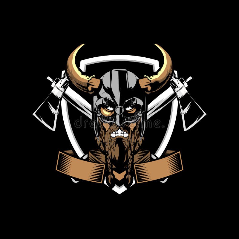 Amazing and Unique angry viking with axe and shield vector badge logo template stock illustration