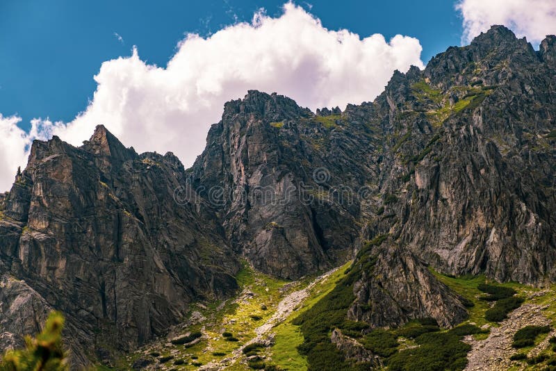 Úžasný výhľad na Vysoké Tatry a modrú oblohu na Slovensku. Koncept turistiky v lete. Krásy prírody a