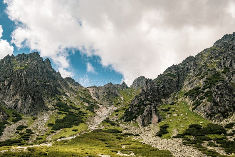 Amazing view of High Tatra Mountain Range and blue sky in Slovakia. Hiking in summer concept. Beauty of nature and