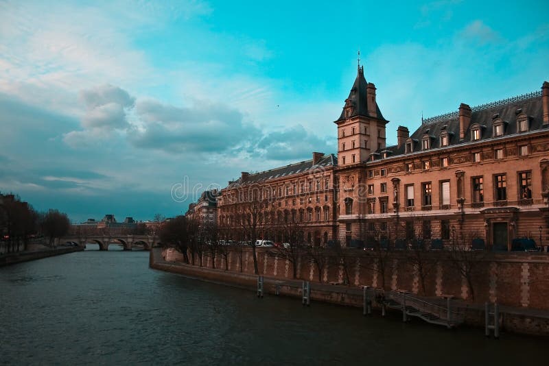 Amazing view over Seine,bridge and building Paris stock photo