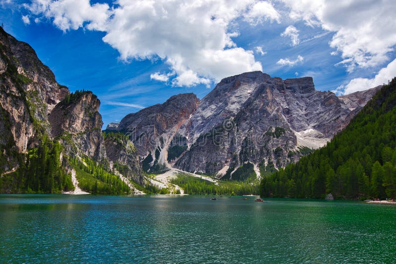 Amazing View Of Turquoise Lago Di Braies Lake Or Pragser Wildsee In