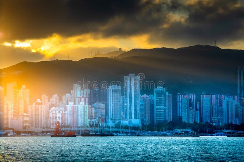 Amazing View of Victoria Harbour with Sunset at Hong Kong. Editorial