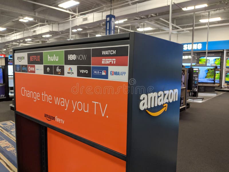 Amazon Fire TV and App logos on pop-up display in California Best Buy store stock photo Amazon Fire TV and App logos on pop-up display in California Best Buy store stock photo