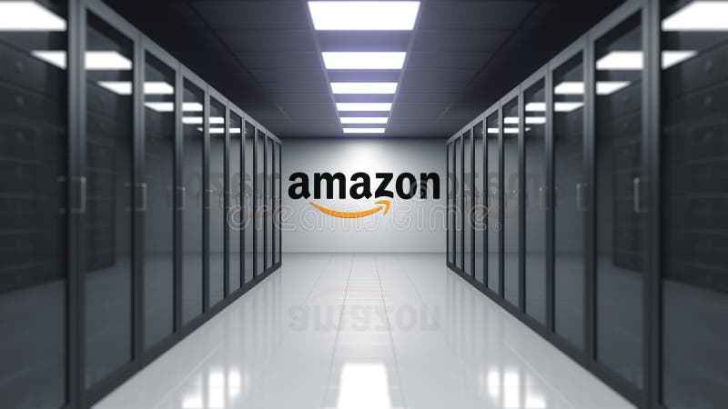 amazon logotipo de COM en la pared del cuarto del servidor Representación editorial 3D stock de ilustración amazon logotipo de COM en la pared del cuarto del servidor Representación editorial 3D stock de ilustración