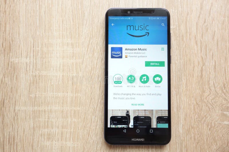 Amazon Music App on Google Play Store site Displayed on Huawei Y6 2018 Smartphone Editorial