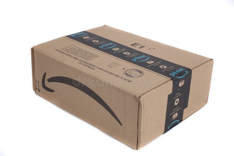An Amazon Prime Package Against a White Background Editorial