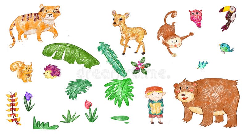 Amazon Rainforest Jungle Wildlife for Animation. Cute Oil Pastel Drawing  Crayon Doodle Stock Illustration - Illustration of plant, background:  231990519