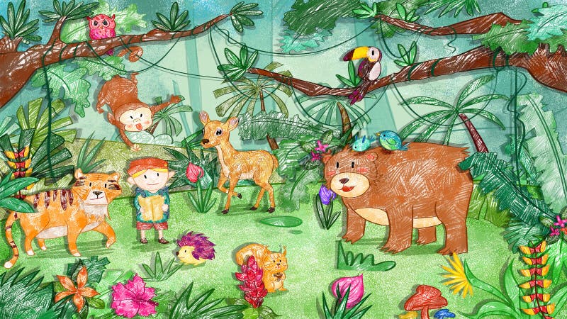Amazon Rainforest Jungle Wildlife Hand Drawn Background. Cute Oil Pastel Drawing Crayon Doodle Stock Illustration - Illustration of drawing, cartoon: 231990513 Amazon Rainforest Jungle Wildlife Hand Drawn Background. Cute Oil Pastel Drawing Crayon Doodle Stock Illustration - Illustration of drawing, cartoon: 231990513