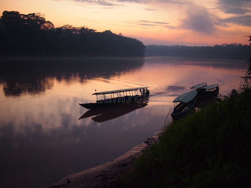 Un barco navegación un rio durante amanecer en Amazonas selva en.