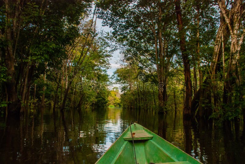 Amazon river, Manaus, Amazonas, Brazil: Wooden boat floating on the Amazon river in the backwaters of the Amazon jungle