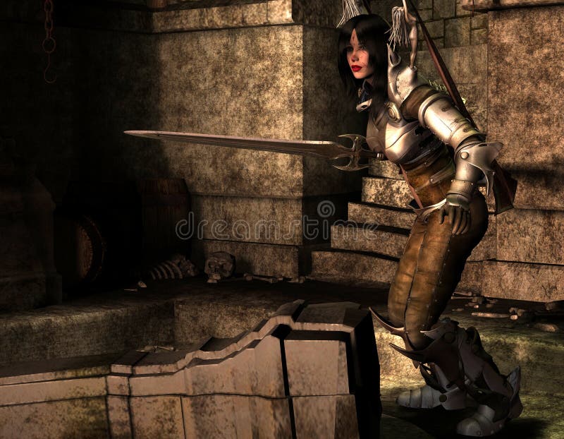 Amazon warrior alone in the Dungeon stock illustration Amazon warrior alone in the Dungeon stock illustration