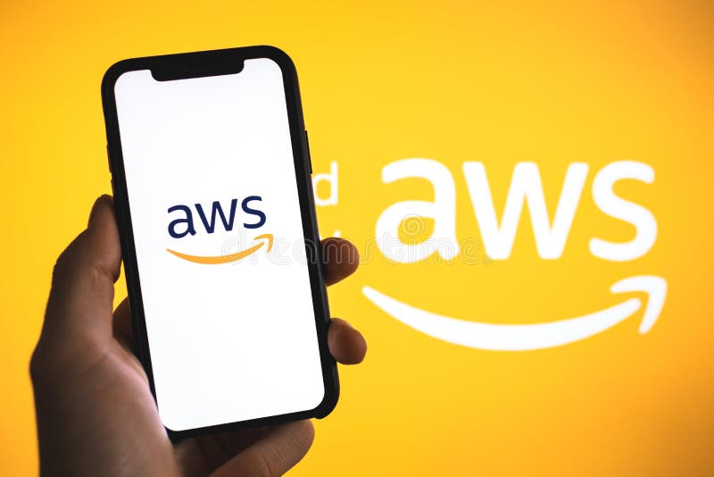 Amazon Web Services logo on the smartphone screen. royalty free stock photo