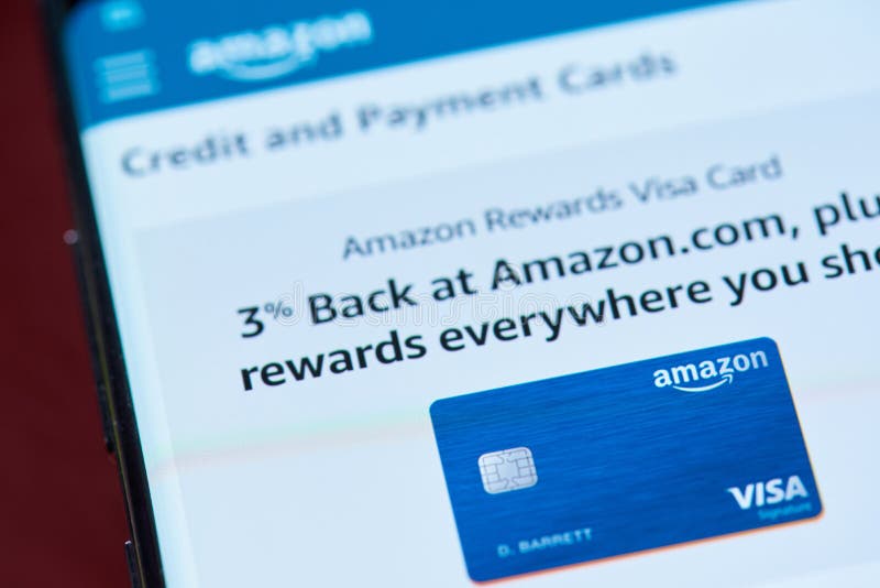 New york, USA - November 1, 2018: Amazon credit card service on smartphone screen close up view. New york, USA - November 1, 2018: Amazon credit card service on smartphone screen close up view