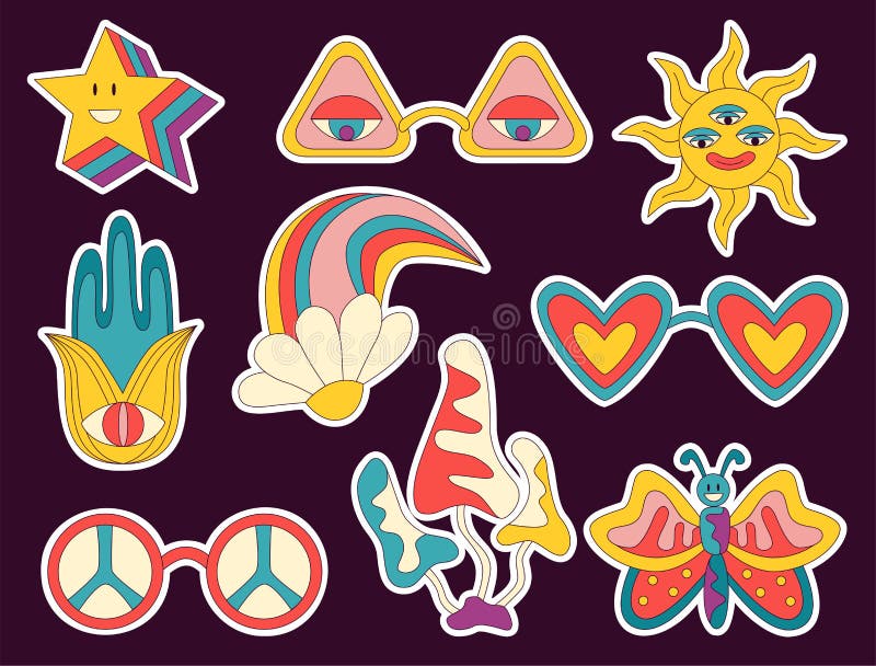 Ambalaj autocolant 1970. set retro hippie groovy hippie. stil desen animat psihedelic. ilustrare vectorială royalty free illustration