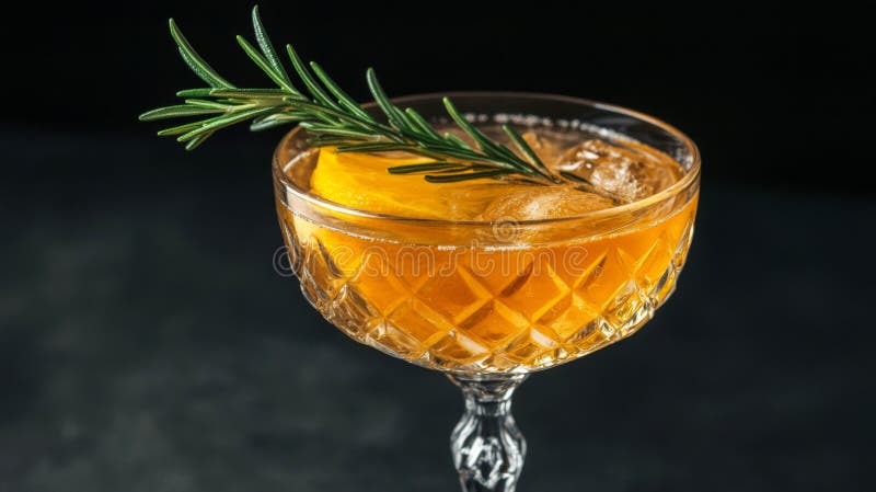 Amber Cocktail with Rosemary Garnish in Cut Glass Stock Illustration ...