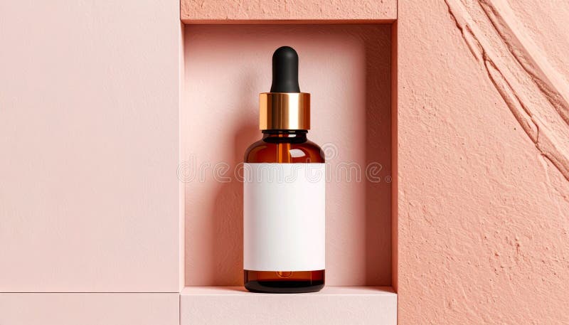 Amber Glass Dropper Bottle with Blank Label on Pink Textured Background stock illustration