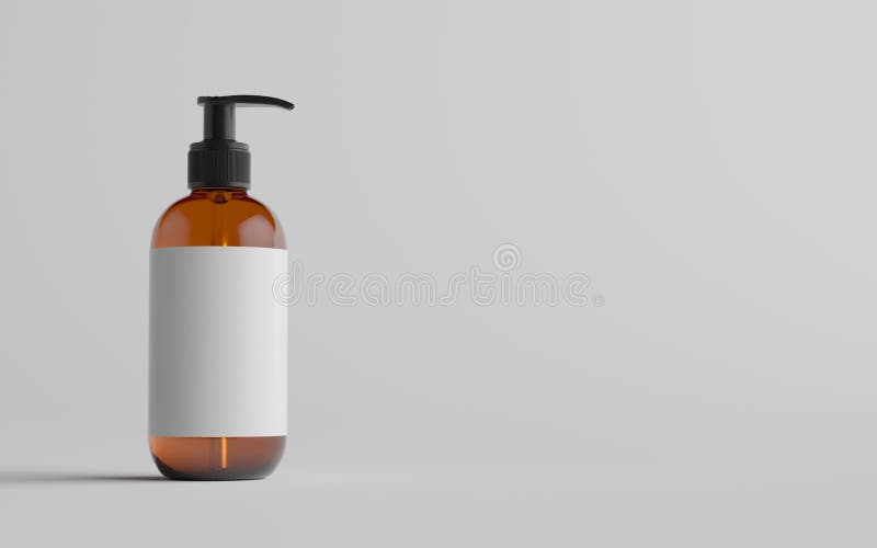 Amberkleurige glazen pomp flesje met vloeibare zeep - dop één flesje. lege label 3d illustratie