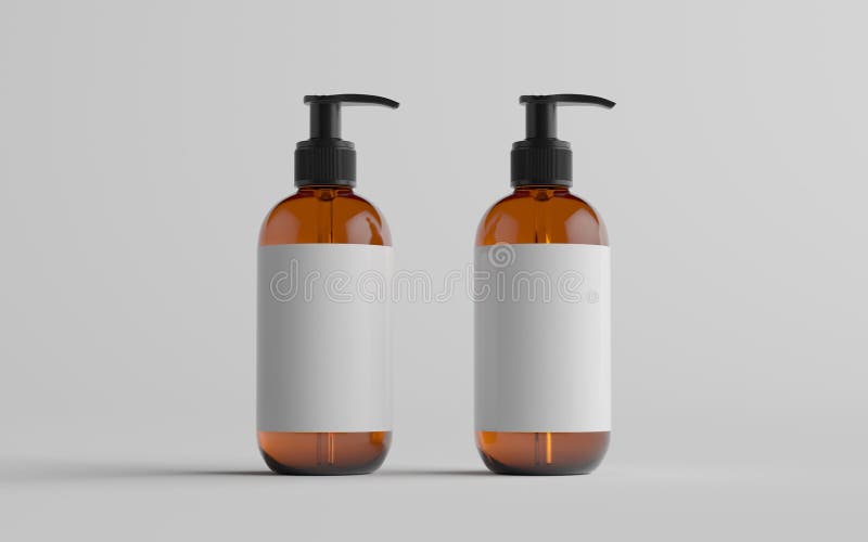 Amberkleurige glazen pomp flesje opzuiger vloeistof zeep. lege label 3d illustratie